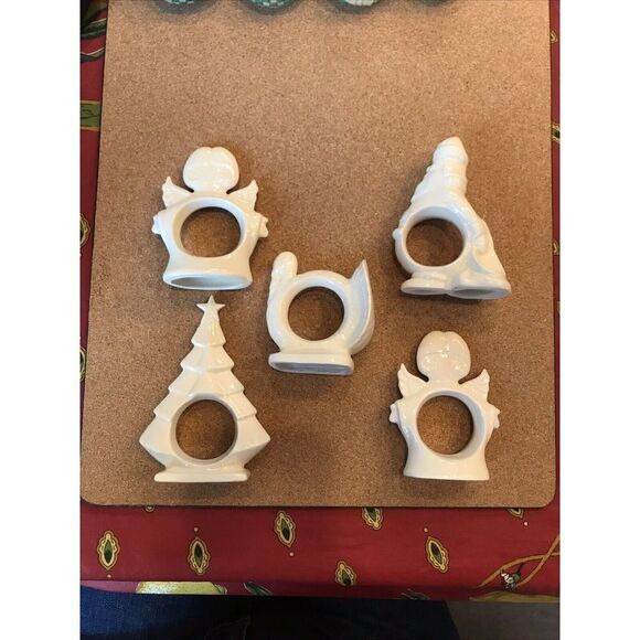 Ceramic Napkin Rings Set of 5 White Angels Santa Turkey Christmas Tree Handmade - Picture 1 of 9